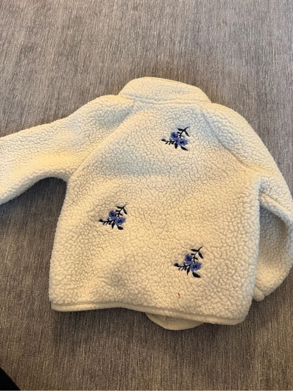 Cream Sherpa Kids Jacket with Blue Floral Embroidery